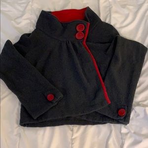 Grey wool/acr swing sweater w/ red buttons/trim.